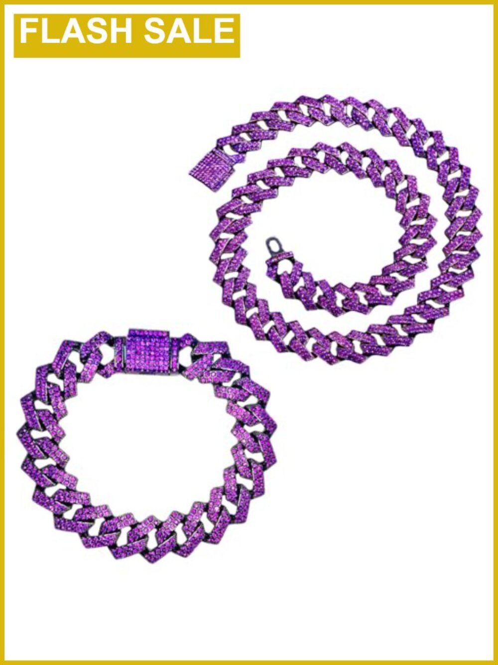 2pc Cuban Link Chain Bracelet Set 18" Necklace 7" 12mm Gold Plated Rhinestone